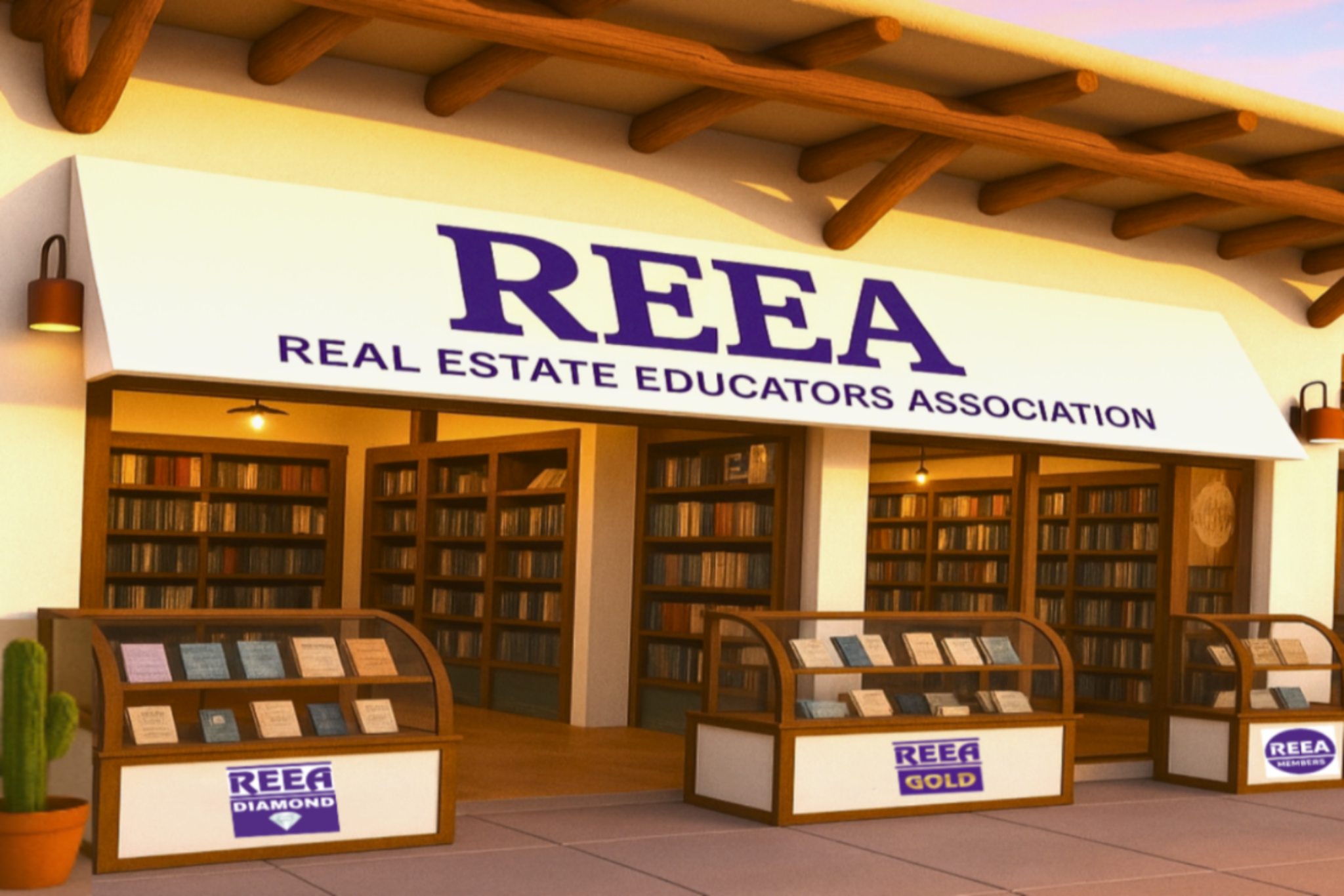 Storefront with 'REEA Real Estate Educators Association' sign and bookshelves.
